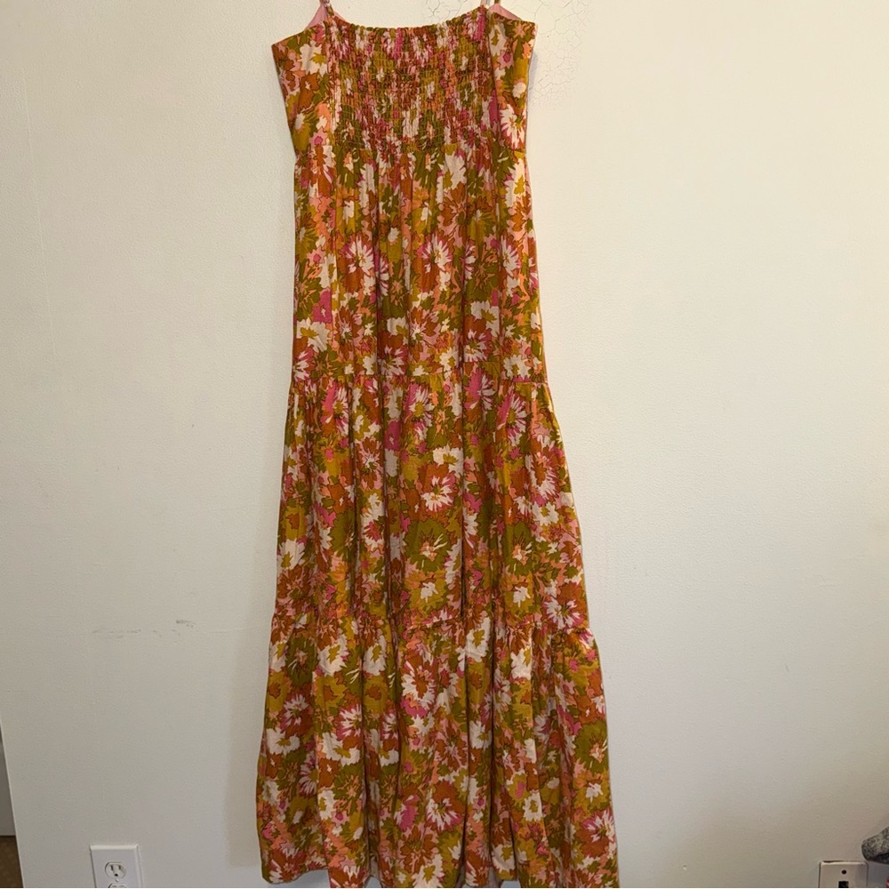 House of Harlow Bow Tie Front Linen Blend Tiered Maxi Dress in Mustard-Pink sz M - Picture 7 of 10